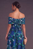 Gold Dot A-Line Off the Shoulder Midi Wedding Guest Dress