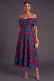 Gold Dot A-Line Off the Shoulder Midi Wedding Guest Dress