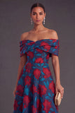 Gold Dot A-Line Off the Shoulder Midi Wedding Guest Dress