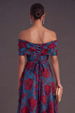 Gold Dot A-Line Off the Shoulder Midi Wedding Guest Dress