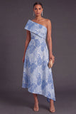 Blue A-Line One Shoulder Floral Jacquard Asymmetrical Wedding Guest Dress