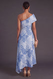 Blue A-Line One Shoulder Floral Jacquard Asymmetrical Wedding Guest Dress