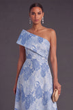 Blue A-Line One Shoulder Floral Jacquard Asymmetrical Wedding Guest Dress