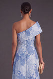 Blue A-Line One Shoulder Floral Jacquard Asymmetrical Wedding Guest Dress