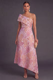 Blue A-Line One Shoulder Floral Jacquard Asymmetrical Wedding Guest Dress