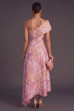 Blue A-Line One Shoulder Floral Jacquard Asymmetrical Wedding Guest Dress
