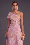 Blue A-Line One Shoulder Floral Jacquard Asymmetrical Wedding Guest Dress
