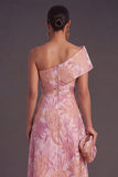 Blue A-Line One Shoulder Floral Jacquard Asymmetrical Wedding Guest Dress