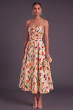 Apricot A-Line Strapless Ruched Floral Midi Wedding Guest Dress