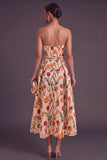 Apricot A-Line Strapless Ruched Floral Midi Wedding Guest Dress
