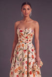 Apricot A-Line Strapless Ruched Floral Midi Wedding Guest Dress