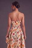 Apricot A-Line Strapless Ruched Floral Midi Wedding Guest Dress