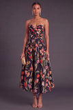 Apricot A-Line Strapless Ruched Floral Midi Wedding Guest Dress