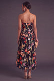 Apricot A-Line Strapless Ruched Floral Midi Wedding Guest Dress