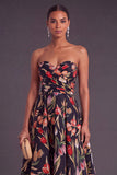 Apricot A-Line Strapless Ruched Floral Midi Wedding Guest Dress