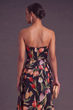 Apricot A-Line Strapless Ruched Floral Midi Wedding Guest Dress