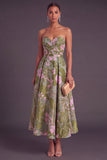 Apricot A-Line Strapless Ruched Floral Midi Wedding Guest Dress