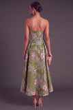 Apricot A-Line Strapless Ruched Floral Midi Wedding Guest Dress