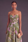 Apricot A-Line Strapless Ruched Floral Midi Wedding Guest Dress