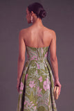 Apricot A-Line Strapless Ruched Floral Midi Wedding Guest Dress