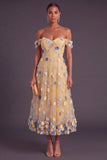 Blue A-Line Off the Shoulder Ruched Midi Wedding Guest Dress with 3D Flower
