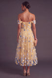 Blue A-Line Off the Shoulder Ruched Midi Wedding Guest Dress with 3D Flower