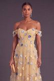 Blue A-Line Off the Shoulder Ruched Midi Wedding Guest Dress with 3D Flower