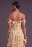 Blue A-Line Off the Shoulder Ruched Midi Wedding Guest Dress with 3D Flower
