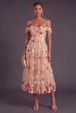 Blue A-Line Off the Shoulder Ruched Midi Wedding Guest Dress with 3D Flower