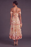 Blue A-Line Off the Shoulder Ruched Midi Wedding Guest Dress with 3D Flower
