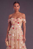 Blue A-Line Off the Shoulder Ruched Midi Wedding Guest Dress with 3D Flower