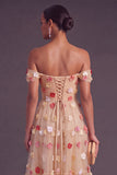 Blue A-Line Off the Shoulder Ruched Midi Wedding Guest Dress with 3D Flower
