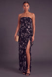 Black Floral Strapless Long Ruffled Mermaid Wedding Guest Dress with Slit