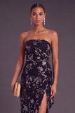 Black Floral Strapless Long Ruffled Mermaid Wedding Guest Dress with Slit