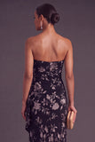 Black Floral Strapless Long Ruffled Mermaid Wedding Guest Dress with Slit