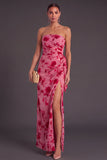 Black Floral Strapless Long Ruffled Mermaid Wedding Guest Dress with Slit
