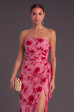 Black Floral Strapless Long Ruffled Mermaid Wedding Guest Dress with Slit