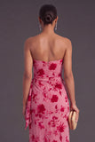 Black Floral Strapless Long Ruffled Mermaid Wedding Guest Dress with Slit