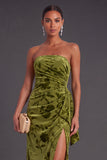 Black Floral Strapless Long Ruffled Mermaid Wedding Guest Dress with Slit