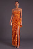 Black Floral Strapless Long Ruffled Mermaid Wedding Guest Dress with Slit