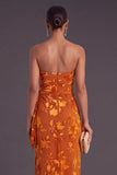 Black Floral Strapless Long Ruffled Mermaid Wedding Guest Dress with Slit