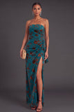 Black Floral Strapless Long Ruffled Mermaid Wedding Guest Dress with Slit