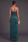 Black Floral Strapless Long Ruffled Mermaid Wedding Guest Dress with Slit