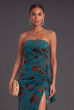 Black Floral Strapless Long Ruffled Mermaid Wedding Guest Dress with Slit