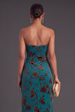 Black Floral Strapless Long Ruffled Mermaid Wedding Guest Dress with Slit