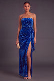 Black Floral Strapless Long Ruffled Mermaid Wedding Guest Dress with Slit