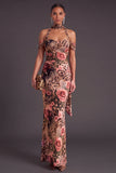 Brown Floral Cheetah Print Halter Long Wedding Guest Dress with Neck Scarf