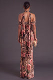 Brown Floral Cheetah Print Halter Long Wedding Guest Dress with Neck Scarf