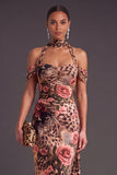 Brown Floral Cheetah Print Halter Long Wedding Guest Dress with Neck Scarf