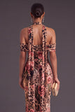 Brown Floral Cheetah Print Halter Long Wedding Guest Dress with Neck Scarf